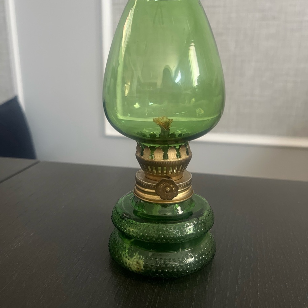 Antique green glass oil lamp lantern Made in Hong Kong, 6.5-inches